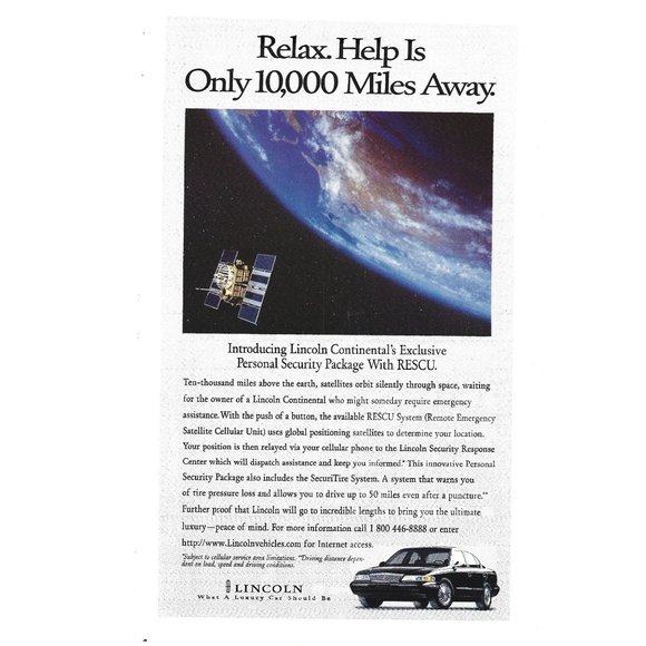 Lincoln Continental Personal Security RESCU Luxury Car 1990s  Vintage Print Ad - Picture 1 of 2